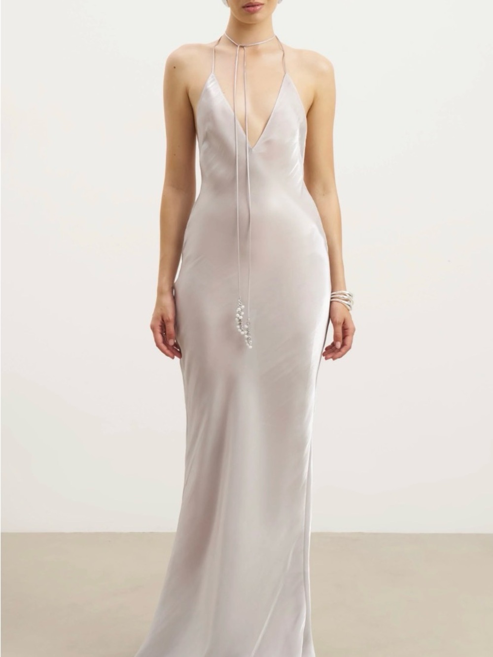 because of alice oyster pearl Satin Slip Halter Gown